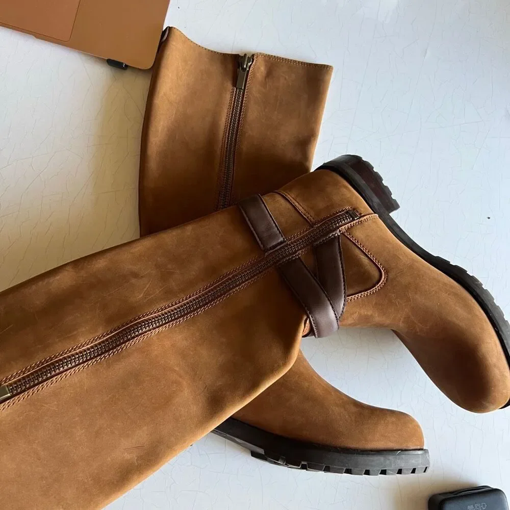 UGG Harington tall suede buckle strap boots in chestnut brown, a side zipper ank